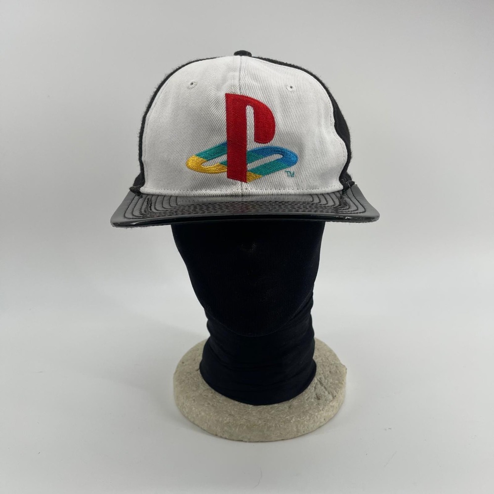 PlayStation Logo Snapback Hat Black White Japanese Text Flat Brim Gaming Cap